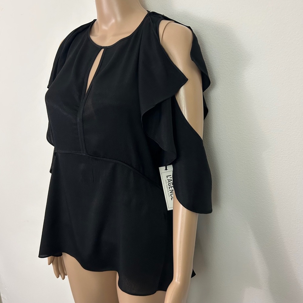 L'AGENCE Desiraya B Sennia Black Cold‎ Shoulder Ruffle Blouse Keyhole Top S NEW - Picture 8 of 10